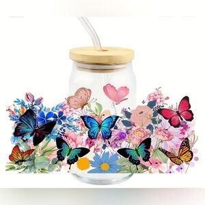 BUTTERFLY & FLOWERS 16oz Glass Tumbler